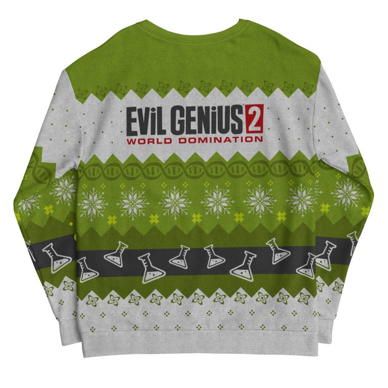 An image of a Christmas jumper in green, white and black colour scheme with motifs from Evil Genius 2