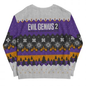 An image of a christmas jumper in purple, orange, white and black colour scheme with motifs from Evil Genius 2