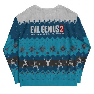 An image of a Christmas jumper with blue, white and black colour scheme with motifs from Evil Genius 2