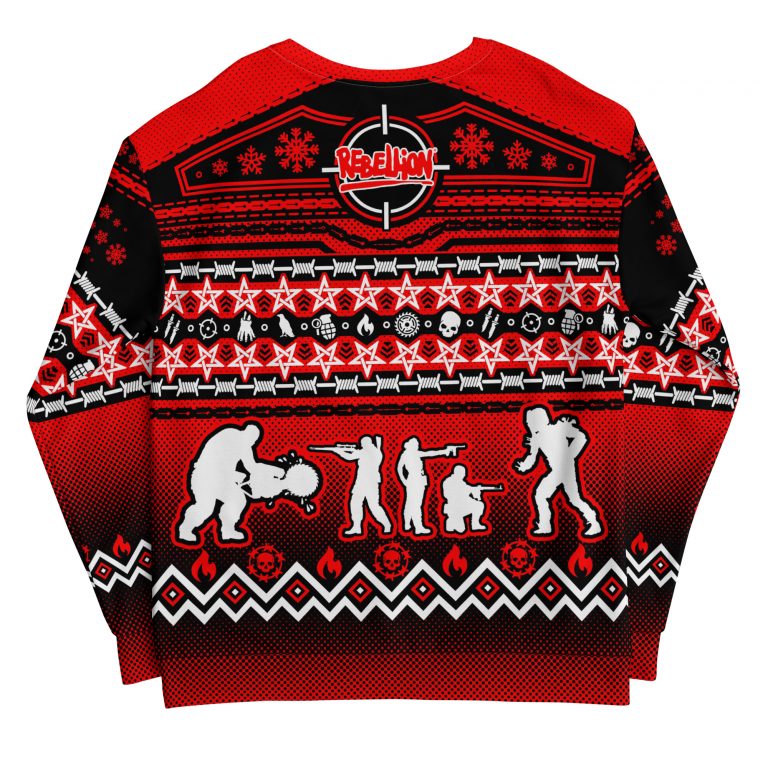 An image of a Christmas jumper with red, white and black colour scheme with motifs from Zombie Army 4