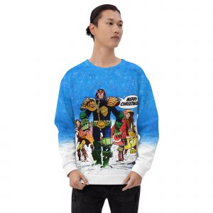 An image of a blue and white christmas jumper featuring Judge Dredd artwork from artist Mick McMahon