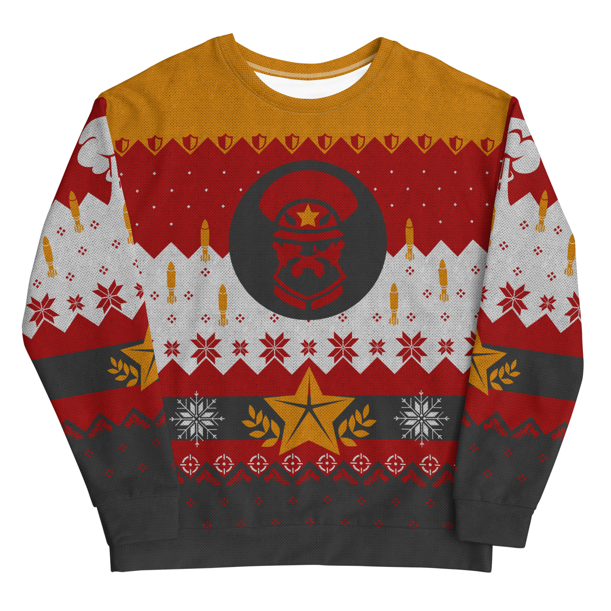 An image of a christmas jumper in red, orange, white and black colour scheme with motifs from Evil Genius 2