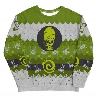 An image of a christmas jumper in green, white and black colour scheme with motifs from Evil Genius 2