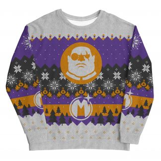 An image of a christmas jumper in purple, orange, white and black colour scheme with motifs from Evil Genius 2