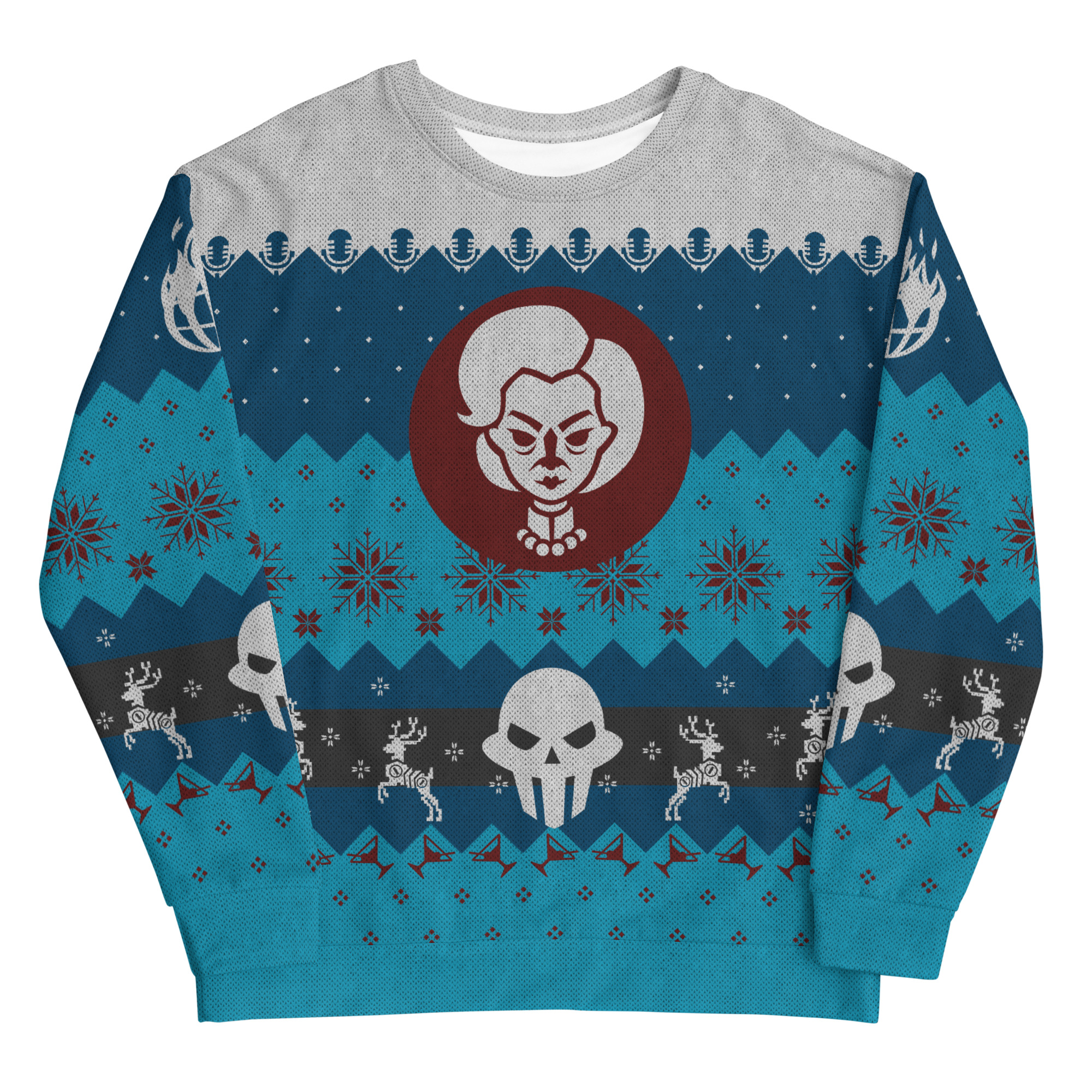 An image of a Christmas jumper with blue, white and black colour scheme with motifs from Evil Genius 2
