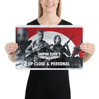 An image of a model holding a 12 inch by 18 inch poster featuring artwork from Sniper Elite 5