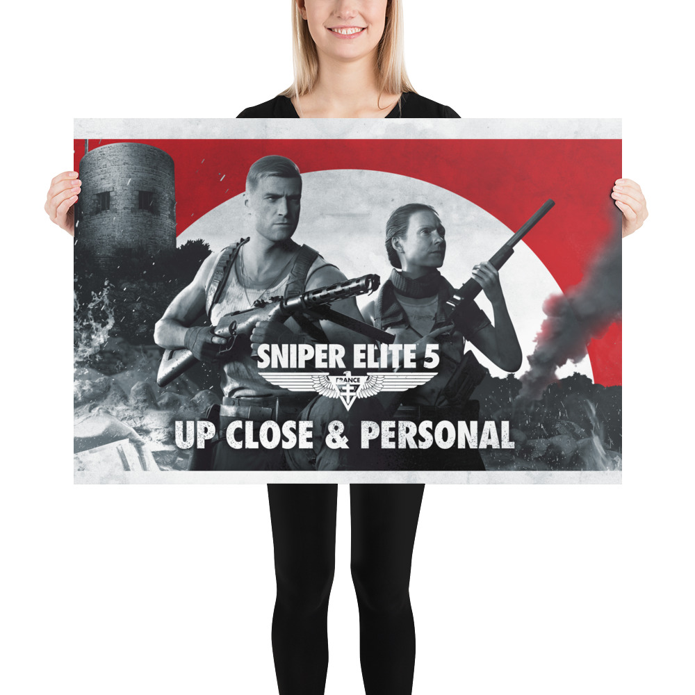 An image of a model holding a 24 inch by 36 inch poster featuring artwork from Sniper Elite 5