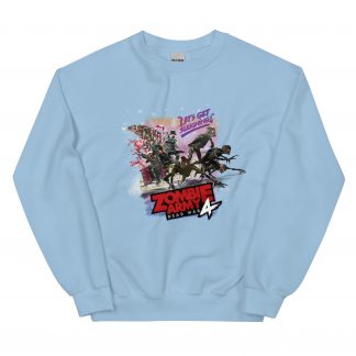 An image of a light blue jumper with an image of the main characters in a festive sleigh being pulled by zombies from Zombie Army 4