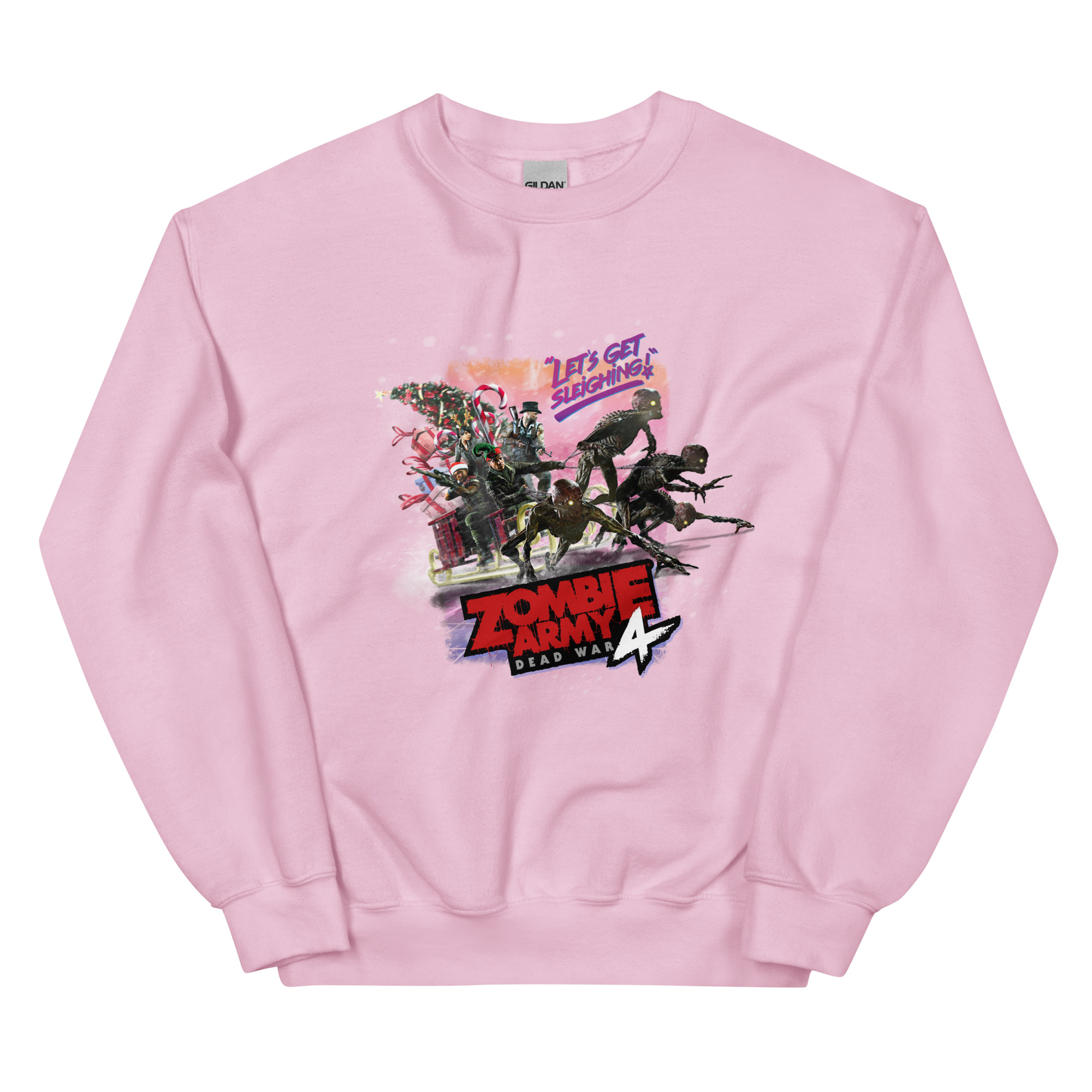 An image of a light pink jumper with an image of the main characters in a festive sleigh being pulled by zombies from Zombie Army 4