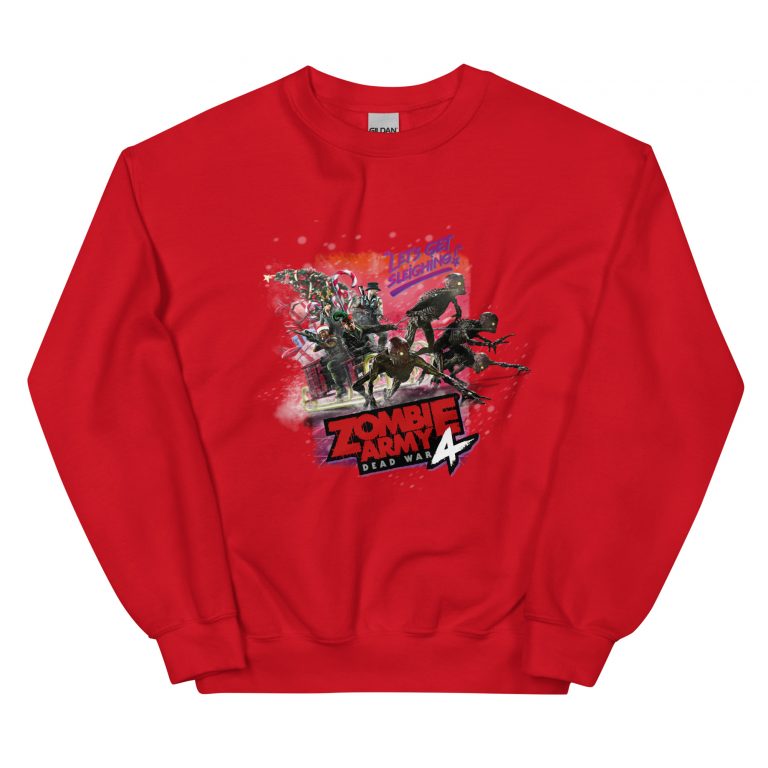 An image of a red jumper with an image of the main characters in a festive sleigh being pulled by zombies from Zombie Army 4