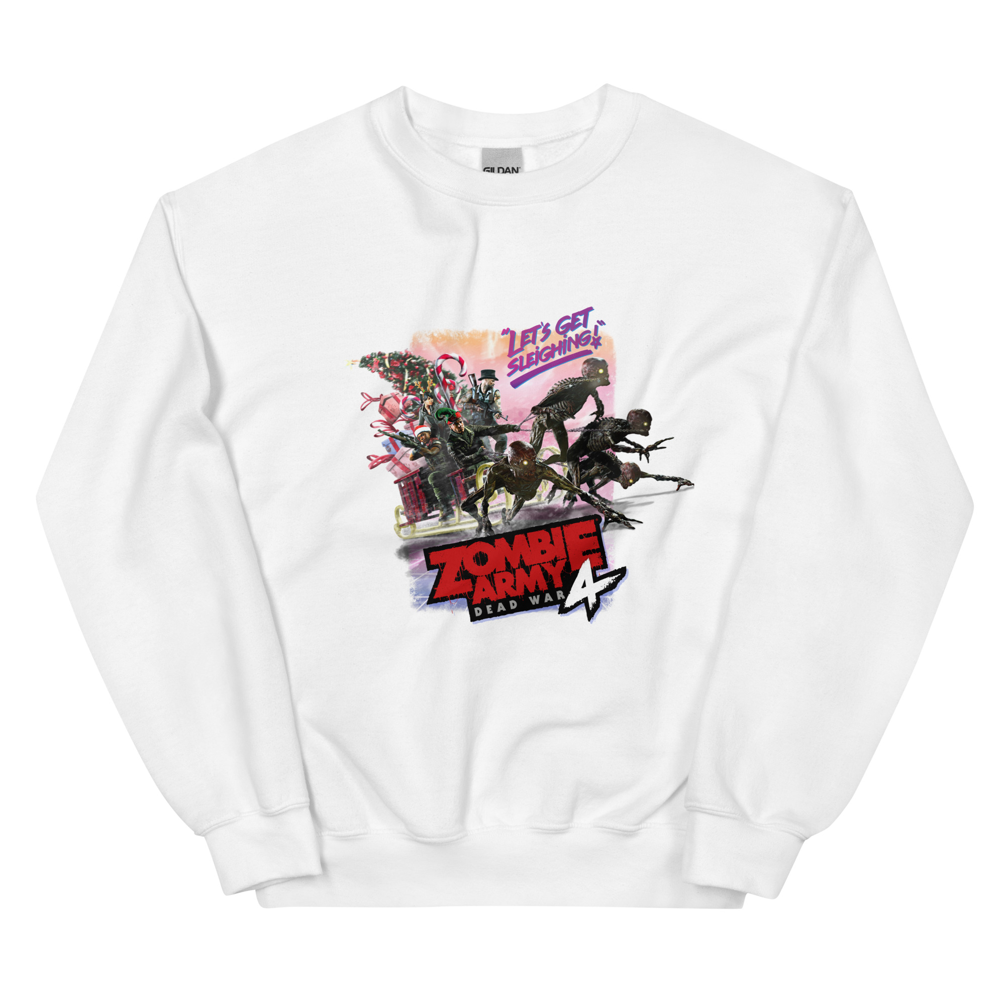 An image of a white jumper with an image of the main characters in a festive sleigh being pulled by zombies from Zombie Army 4
