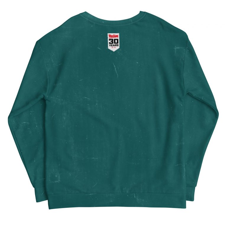 Reverse side of a green jumper featuring a white banner at the nap of the neck. Banner has Rebellion logo in red, 30 YEARS in black and 1992-2022 in red