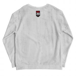 Reverse side of a white jumper featuring a black banner at the nap of the neck. Banner has Rebellion logo in red, 30 YEARS in white and 1992-2022 in red