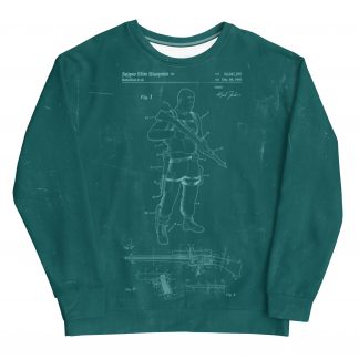 A green jumper with a design showing development drawings of Karl Fairburne and a variety of weapons with the words 'Sniper Elite Blueprint' at the top