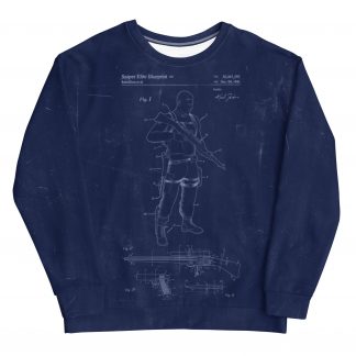 A blue jumper with a design showing development drawings of Karl Fairburne and a variety of weapons with the words 'Sniper Elite Blueprint' at the top