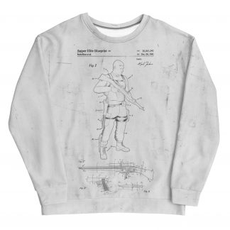 A white jumper with a design showing development drawings of Karl Fairburne and a variety of weapons with the words 'Sniper Elite Blueprint' at the top