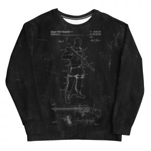 A black jumper with design drawings of Karl Fairburn's model and some weapons