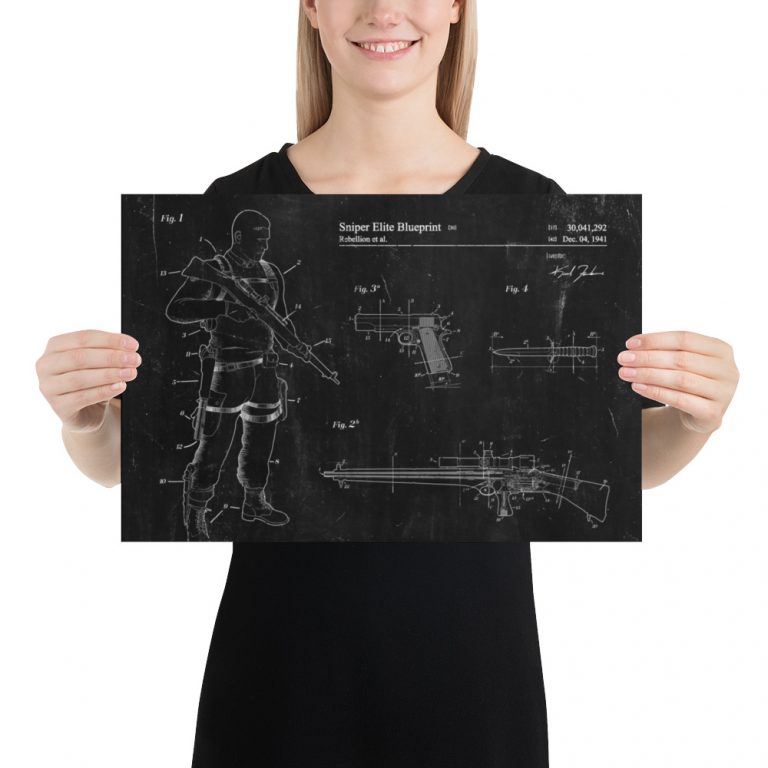 A black landscape poster with a design showing development drawings of Karl Fairburne and a variety of weapons with the words 'Sniper Elite Blueprint' at the top
