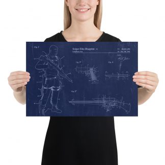 A blue landscape poster with a design showing development drawings of Karl Fairburne and a variety of weapons with the words 'Sniper Elite Blueprint' at the top