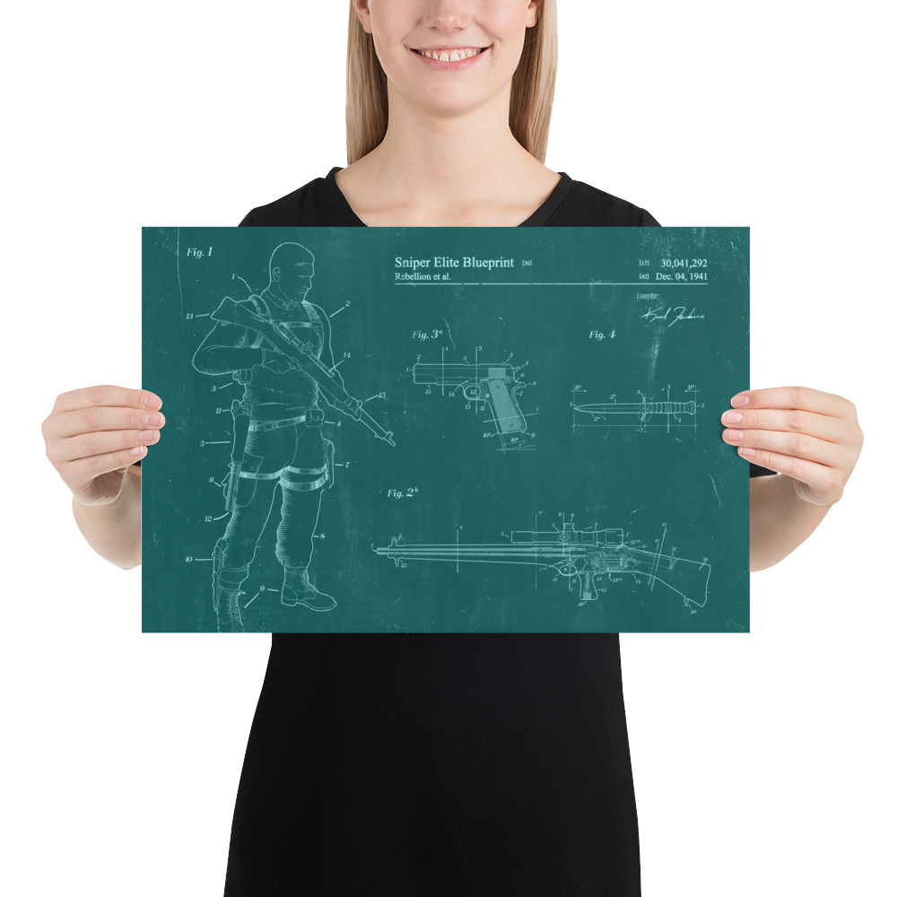 An A4 poster in turquoise showing development drawings of Karl Fairburne and a variety of weapons with the words 'Sniper Elite Blueprint' at the top