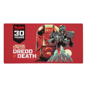 A red gaming mouse pad showing a black banner with the rebellion logo in red, 30 YEARS in white and 1992-2022 in red, alongside which is an image of Judge Dredd, Judge Death and some mountains.