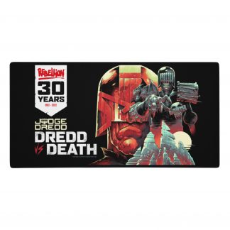 A Black gaming mouse pad showing a white banner with the rebellion logo in red, 30 YEARS in white and 1992-2022 in red, alongside which is an image of Judge Dredd, Judge Death and some mountains.