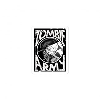 A sticker the design of which is the words 'Zombie Army' in big letters and shows a picture of a Zombie soldier with a Xray bullet hole in the skull