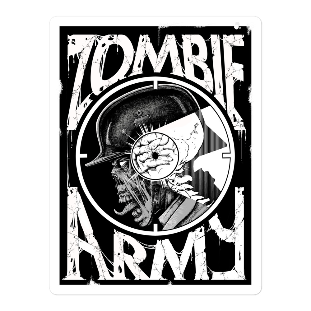 A sticker the design of which is the words 'Zombie Army' in big letters and shows a picture of a Zombie soldier with a Xray bullet hole in the skull