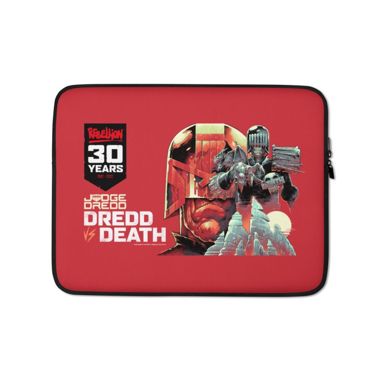 A red laptop sleeve showing a black banner with the rebellion logo in red, 30 YEARS in white and 1992-2022 in red, alongside which is an image of Judge Dredd, Judge Death and some mountains.