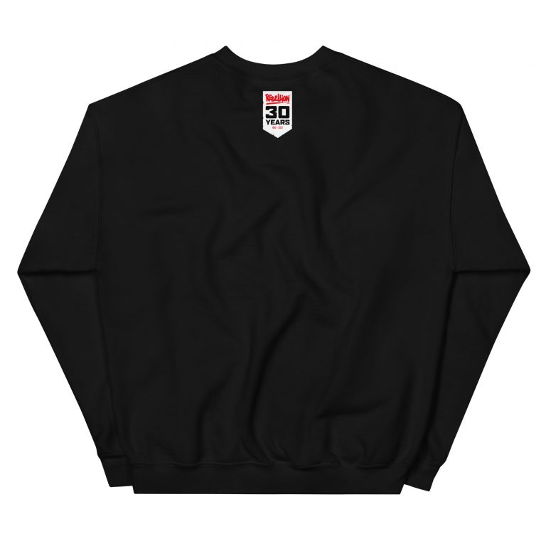 reverse of a black Jumper. There is a small white banner at the nape of the neck with the Rebellion Logo in Red, '30 YEARS' in black caps and '1992-2022' in tiny red letters