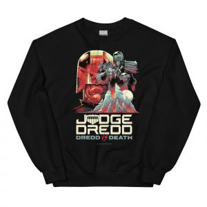 A black jumper with a design showing Dredds helmeted face alongside Judge Death who reaches out over mountains. and with the words 'JUDGE DREDD, DREDD VS DEATH' at the bottom