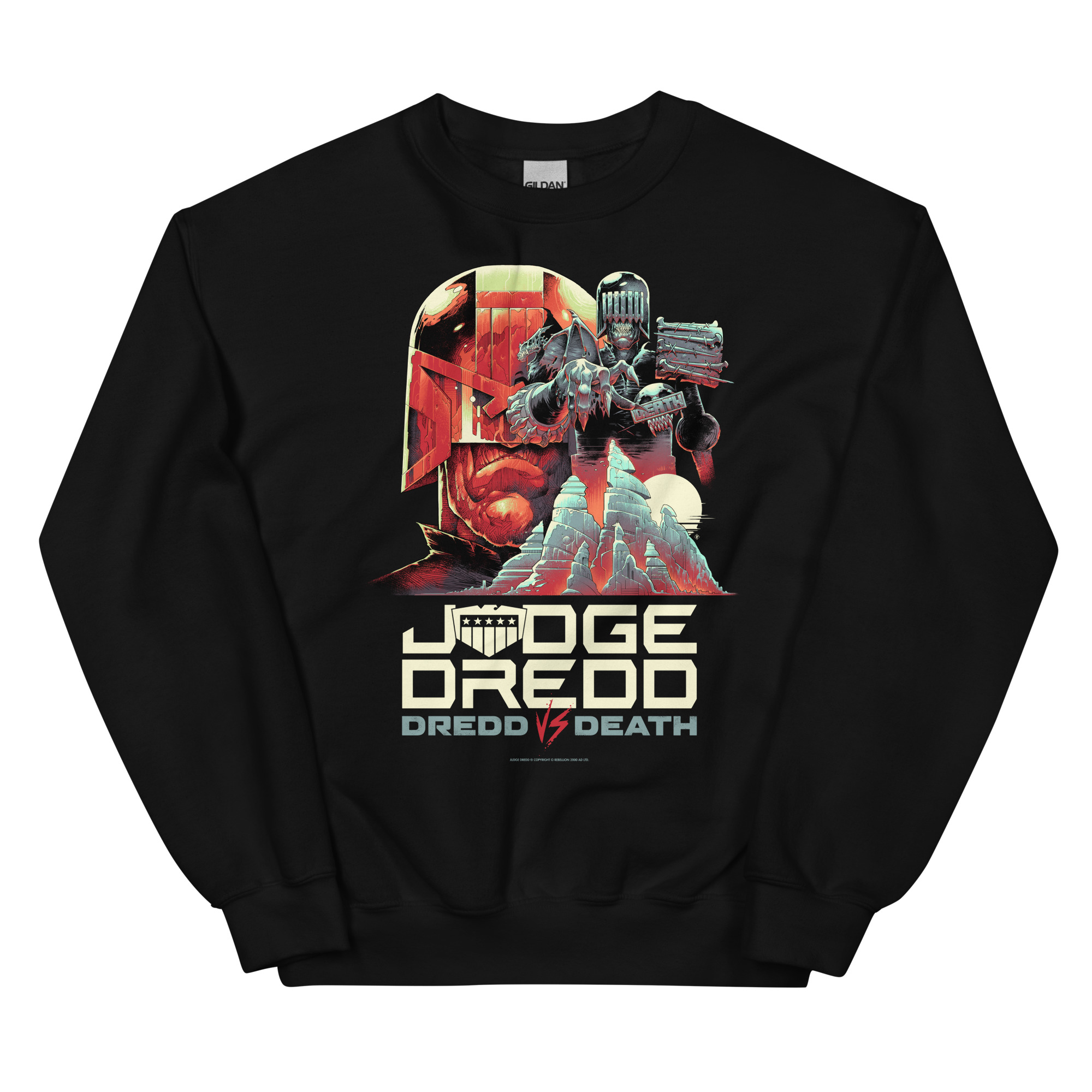 A black jumper with a design showing Dredds helmeted face alongside Judge Death who reaches out over mountains. and with the words 'JUDGE DREDD, DREDD VS DEATH' at the bottom