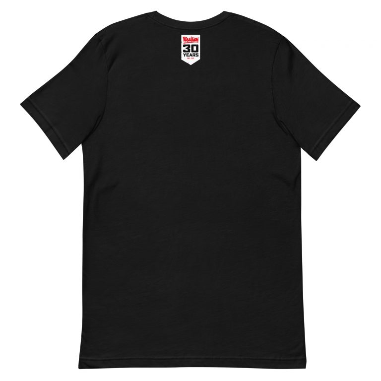reverse of a black Tshirt. There is a small white banner at the nape of the neck with the Rebellion Logo in Red, '30 YEARS' in black caps and '1992-2022' in tiny red letters