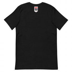 rear view of a Black Tshirt featuring a small white banner at the nape of the neck that has the Rebellion Logo in Red, then '30 YEARS' in black caps and at the bottom the years 1992-2022 in red.