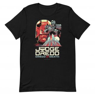 A black Tshirt with a design showing Dredds helmeted face alongside Judge Death who reaches out over mountains. and with the words 'JUDGE DREDD, DREDD VS DEATH' at the bottom
