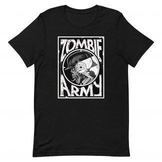 A black Tshirt with a design of the words 'Zombie Army' in big letters and shows a picture of a Zombie soldier with a Xray bullet hole in the skull