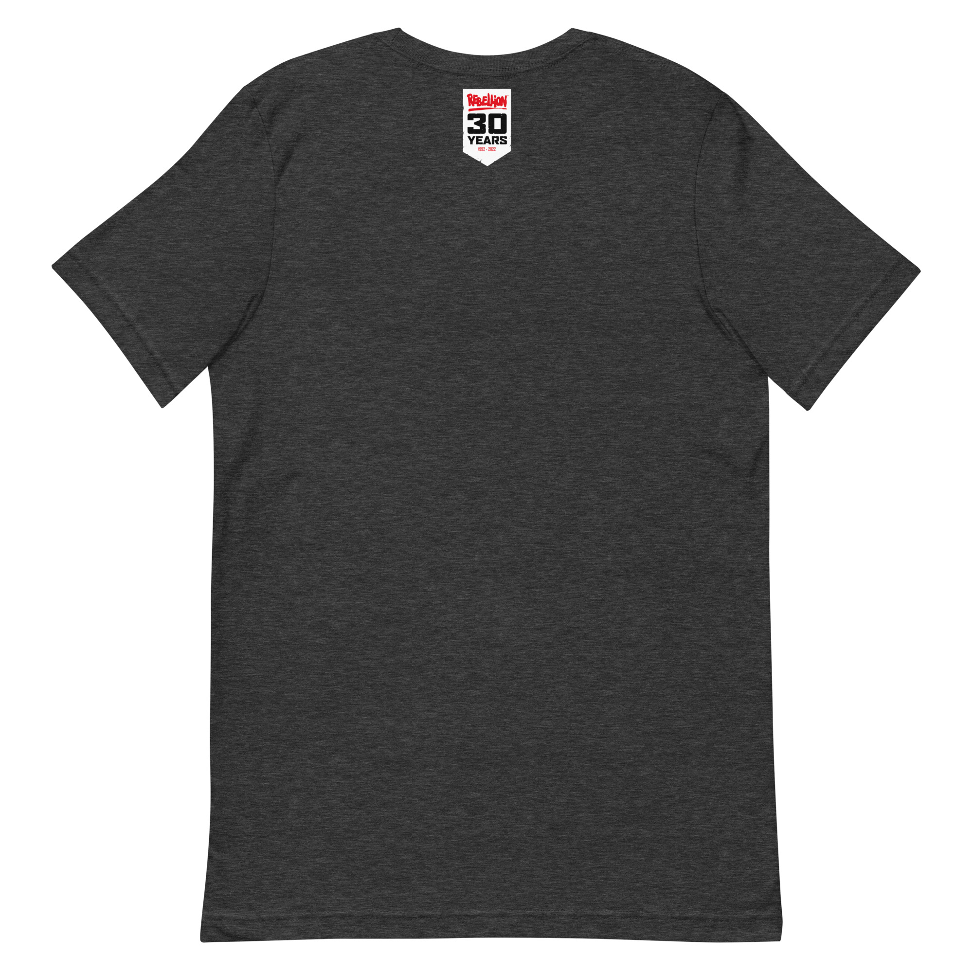 rear view of a grey Tshirt featuring a small white banner at the nape of the neck that has the Rebellion Logo in Red, then '30 YEARS' in black caps and at the bottom the years 1992-2022 in red.