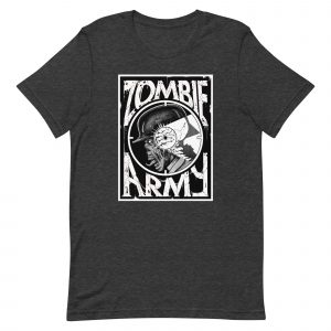 A grey Tshirt with a design of the words 'Zombie Army' in big letters and shows a picture of a Zombie soldier with a Xray bullet hole in the skull