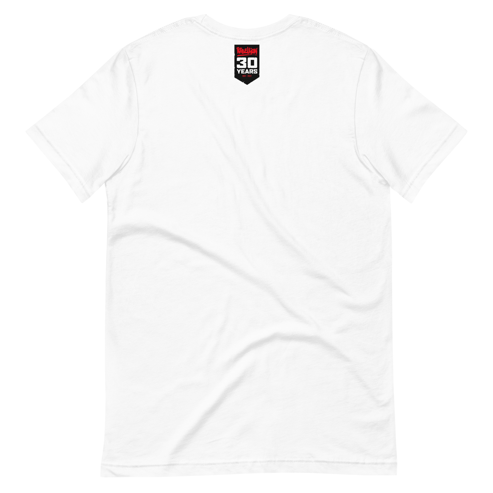 reverse of a white Tshirt. There is a small black banner at the nape of the neck with the Rebellion Logo in Red, '30 YEARS' in white caps and '1992-2022' in tiny red letters