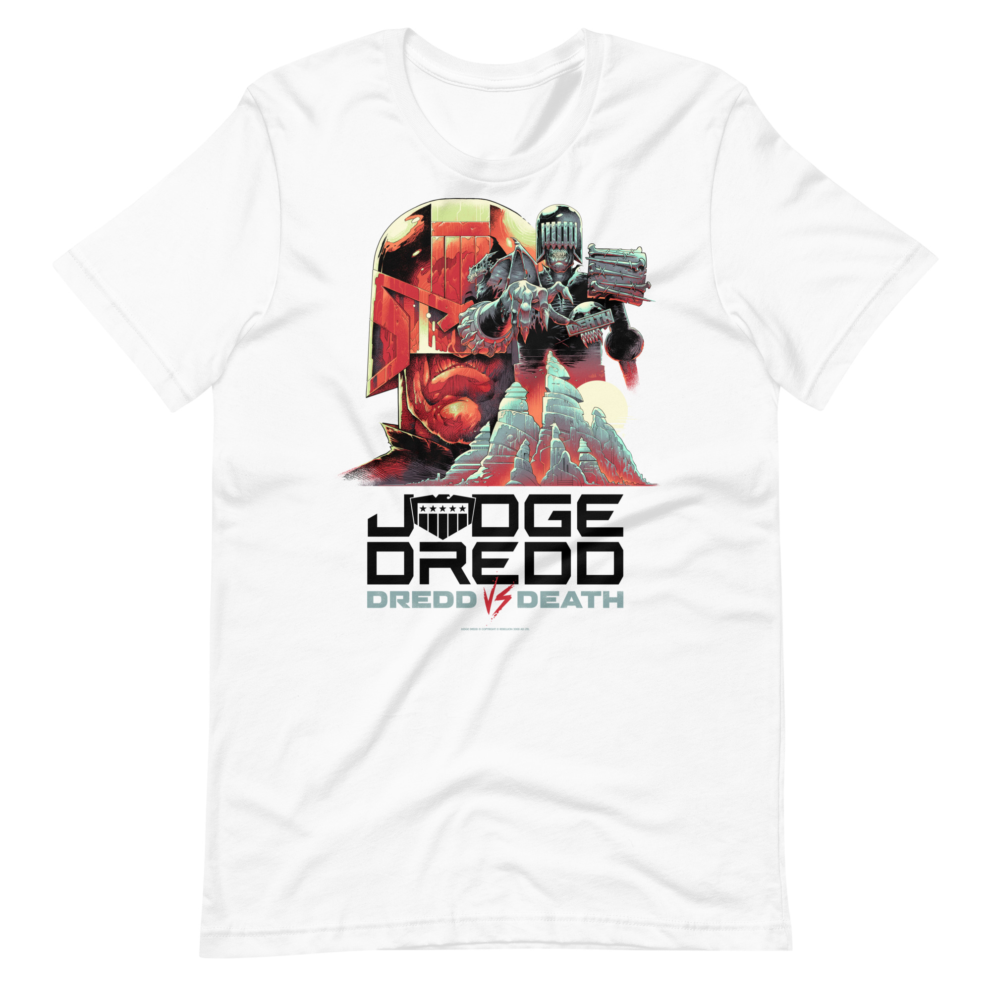 A white Tshirt with a design showing Dredds helmeted face alongside Judge Death who reaches out over mountains. and with the words 'JUDGE DREDD, DREDD VS DEATH' at the bottom