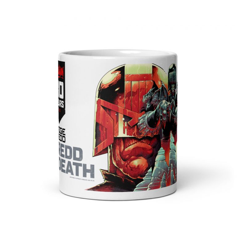 White mug showing Judge Dredds face and judge Death reaching out