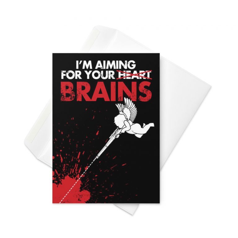 5 inch by 7 inch greetings card with a cherub firing a rifle with text saying 