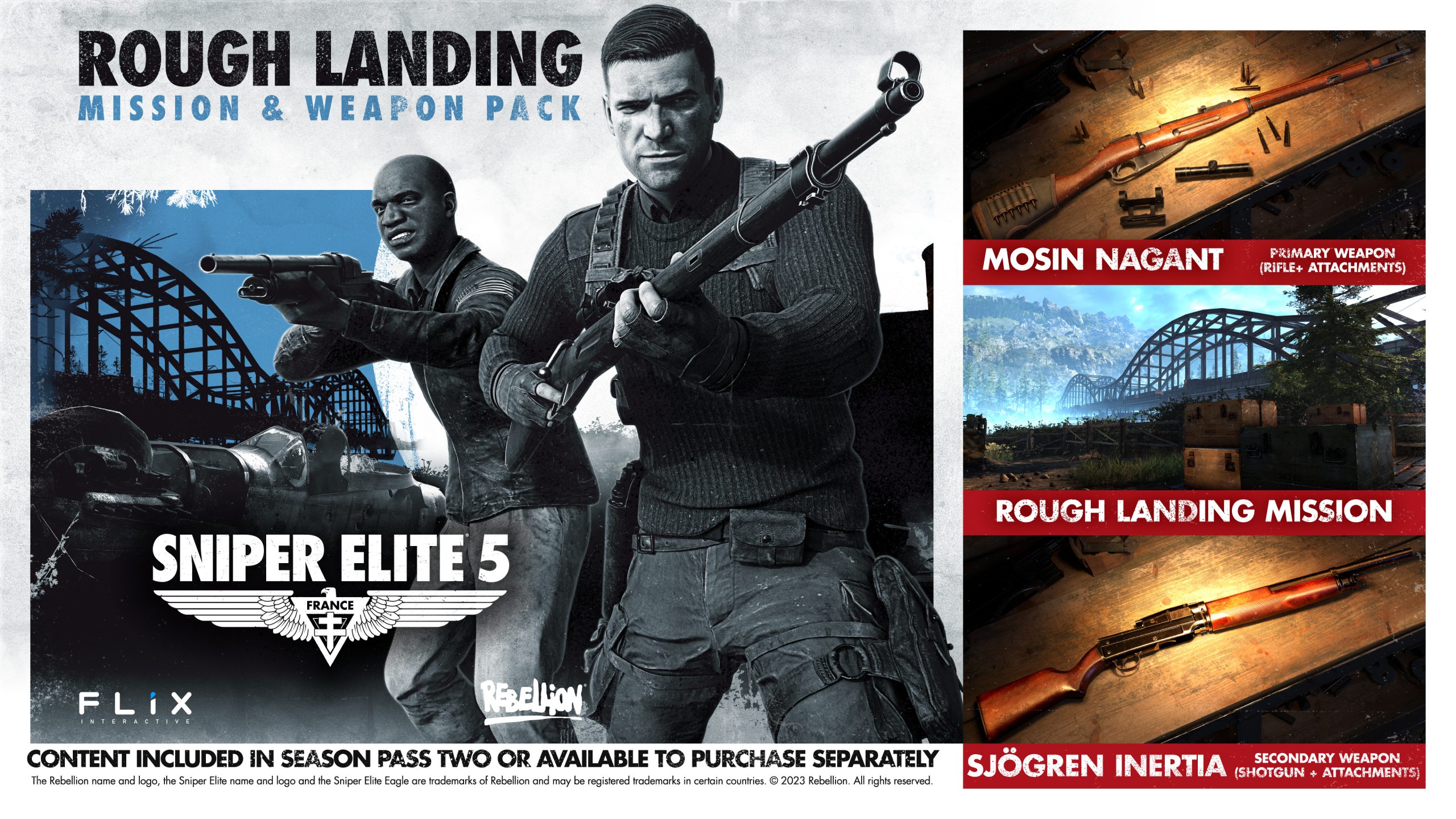 Sniper Elite 5 Rough Landing pack detailing contents such as Mosin Nagant rifle, Rough Landing mission and Sjogren Inertia weapon