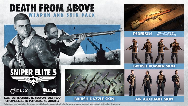 Sniper Elite 5 Death From Above Content Pack featuring Pedersen Rifle, British Bomber Skin, Air Auxiliary Skin and British Dazzle Skin