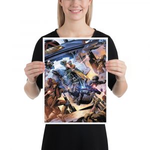 An image of a 12 x 16 poster featuring Judge Dredd on Lawmaster