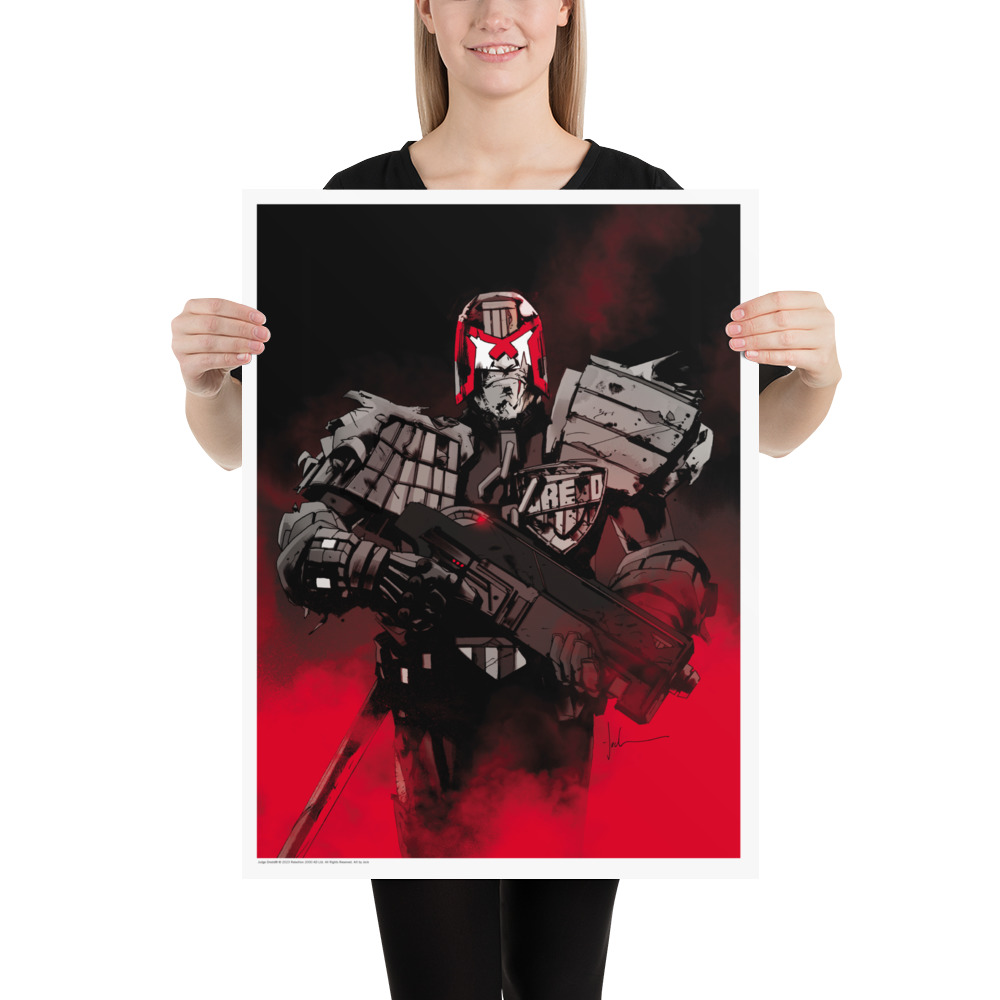 An image of an 18 x 24 poster featuring artwork of Judge Dredd in black and red by artist Jock