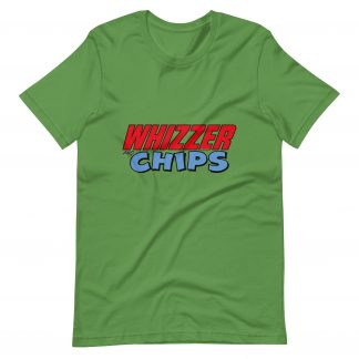 An image of a leaf green t-shirt with the logo "Whizzer and Chips" in red and blue