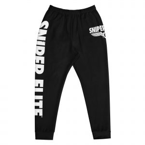 Black jogging bottoms with the Sniper Elite logo in white caps on one side and 'SNIPER ELITE' in large letters down the opposite leg