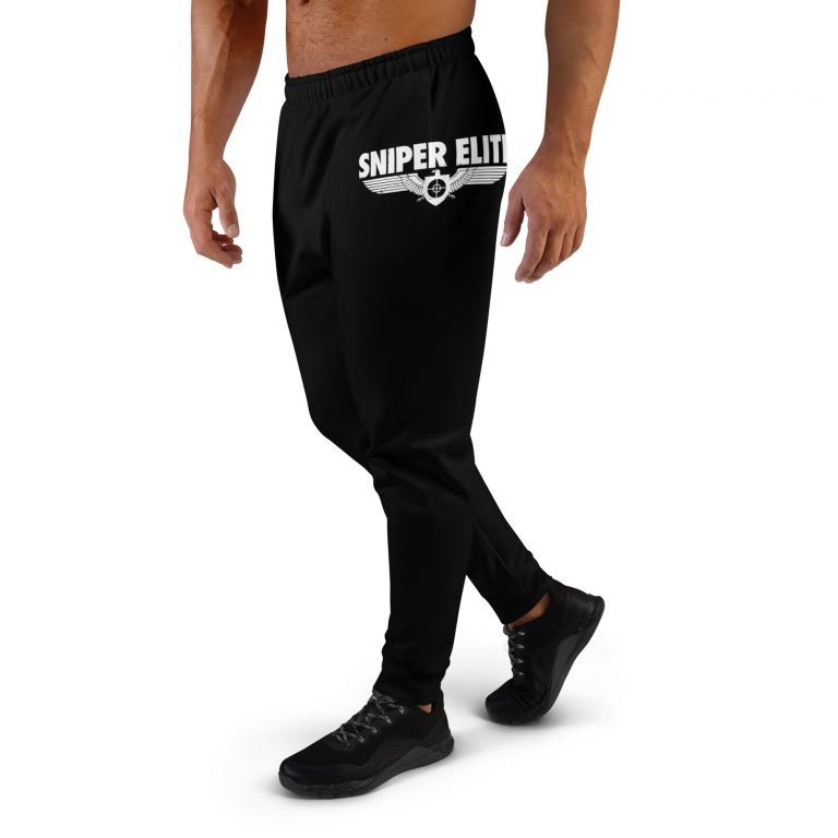 Black jogging bottoms with the Sniper Elite logo in white caps