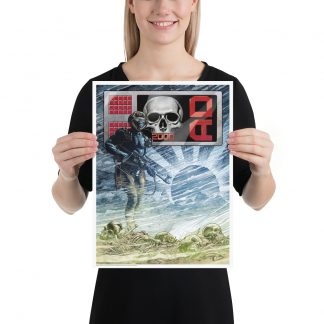 A4 Poster showing ROGUE TROOPER, rifle at the ready, standing over a desolate wasteland of broken skulls and bones. in the background misty mountains and the sun (moon?) can be seen. Above all is a large Chrome Skull in a border with '2000 AD'